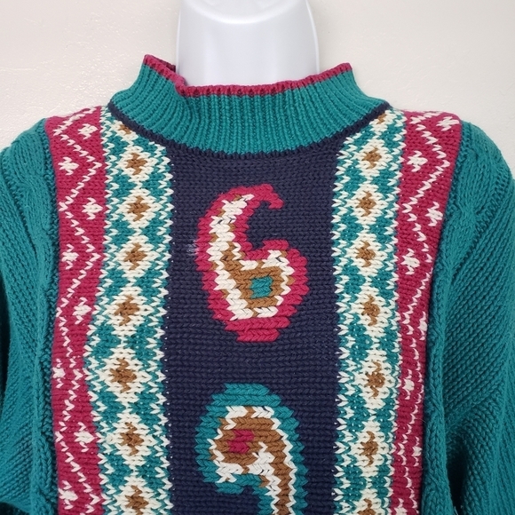 Vintage AJ Brandon Paisley Pullover Sweater Medium Teal Green Navy Boho Whimsy - Picture 3 of 6